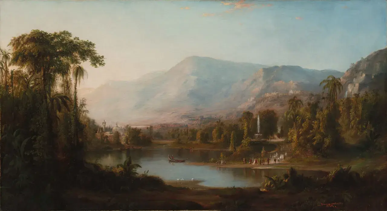 A lush landscape painting, reminiscent of Hudson River School american art movements, features a serene lake with boats, a waterfall, and distant mountains.
