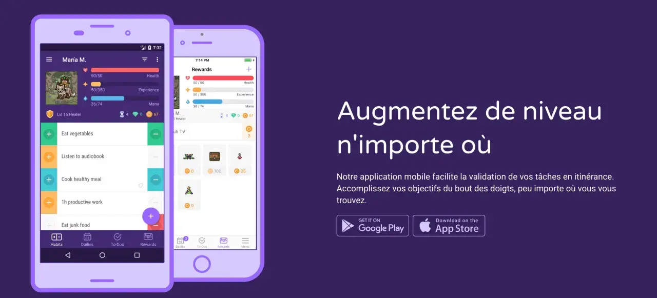 Application pour organiser sa journée gratuite. Gérez vos tâches, gagnez des récompenses et progressez dans votre vie comme dans un jeu.
