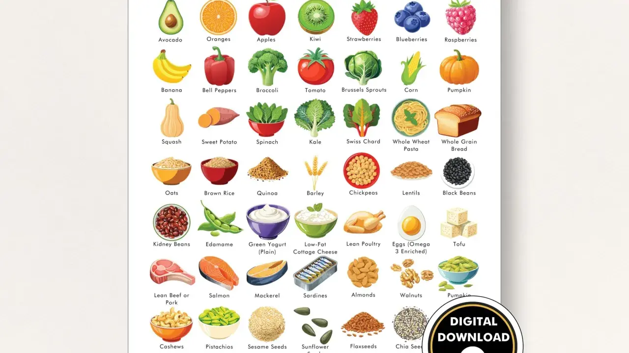 Lista de alimentos para TDAH: aguacate, naranjas, manzanas, kiwi, fresas, arándanos, frambuesas, plátano, pimientos, brócoli, tomate, coles de Bruselas, maíz, calabaza, etc.