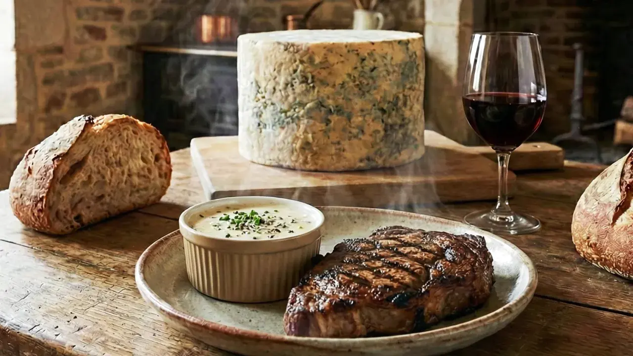 Un steak grillé fumant servi avec une sauce onctueuse à la Fourme d'Ambert, du pain artisanal et un verre de vin rouge.