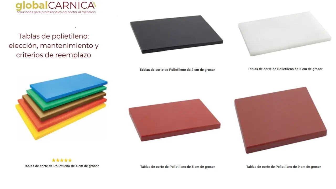 Variedad de tablas de cocina de polietileno en distintos colores y grosores, ideales para tu negocio.