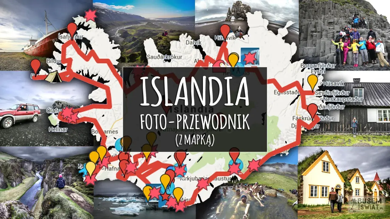 Islandia: mapa z trasą zwiedzania, od wraku statku po gorące źródła. W tle Reykjavik i malownicze krajobrazy.