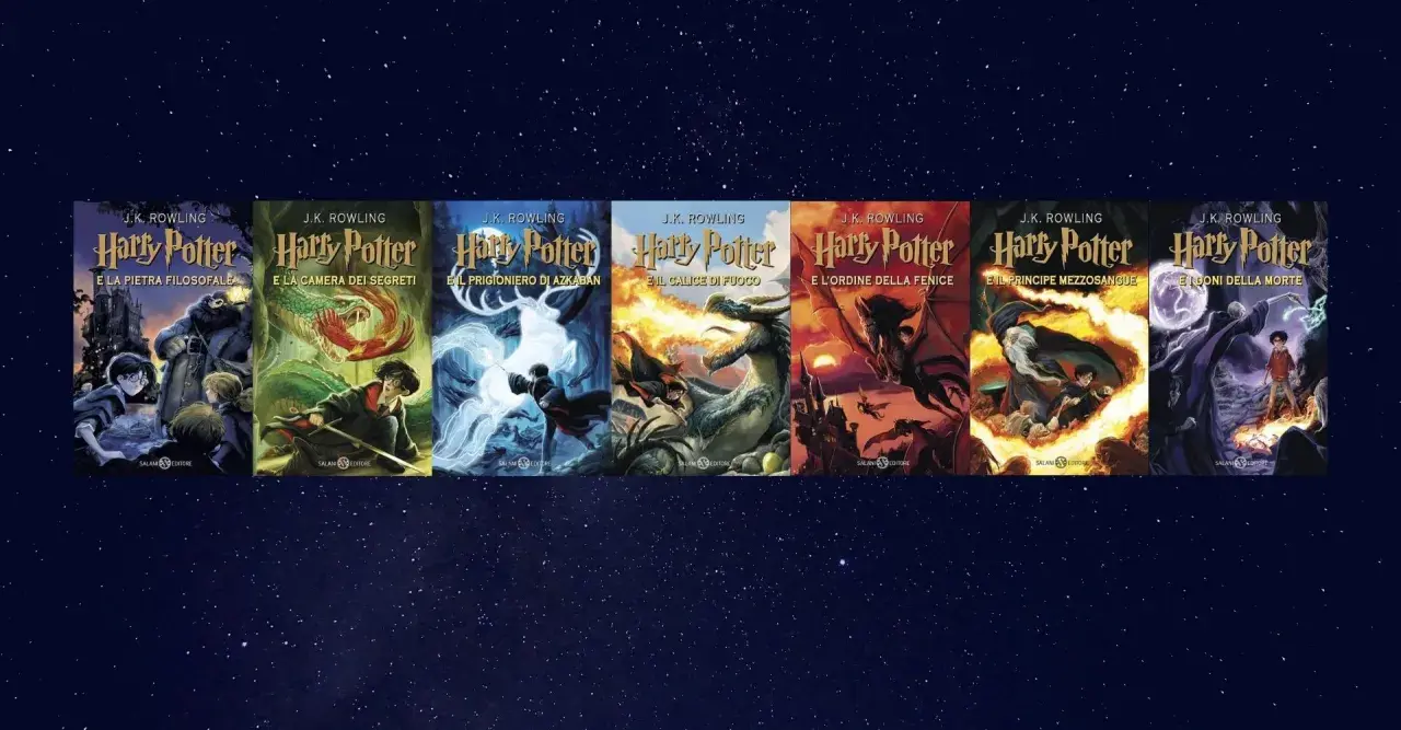 I sette libri di Harry Potter in ordine: dalla Pietra Filosofale ai Doni della Morte, con le iconiche copertine Salani.