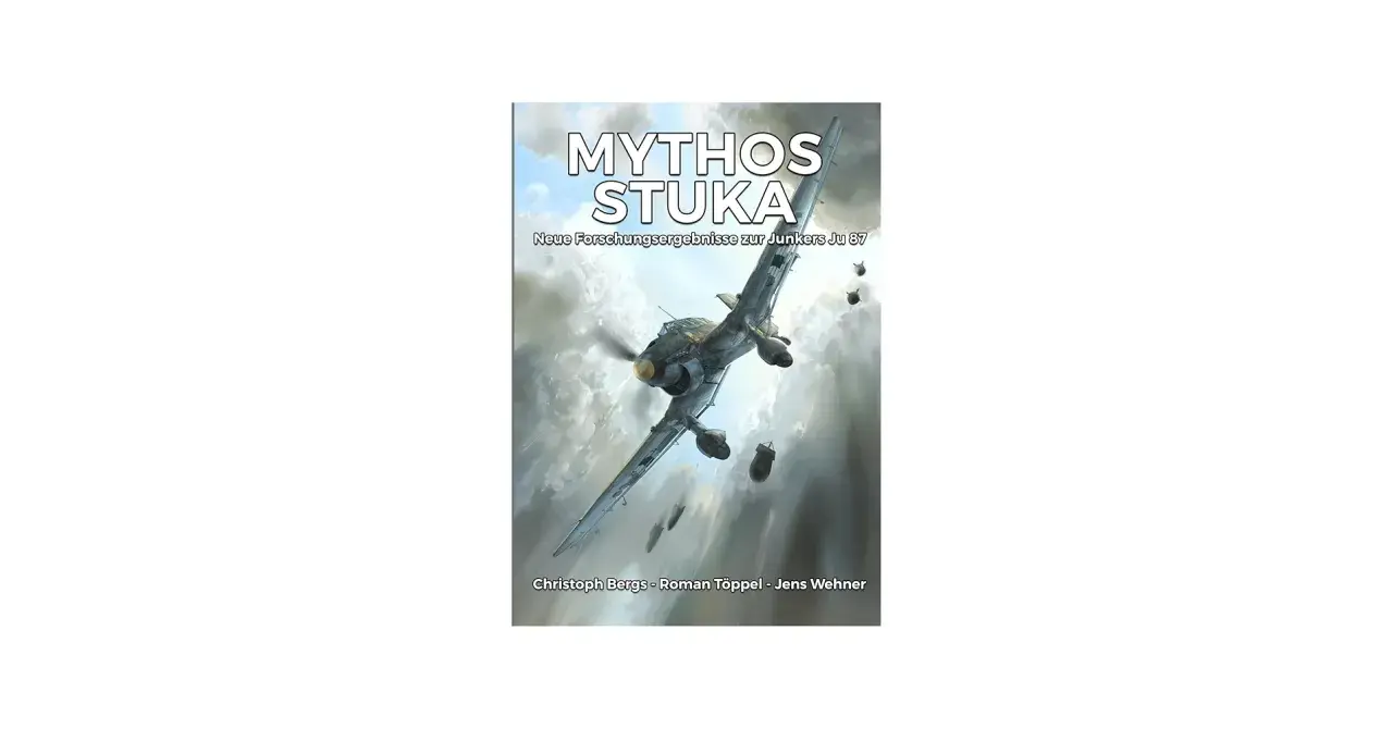 Ein Stuka-Flugzeug im Sturzflug, Bomben fallen. Titel: "Mythos Stuka".