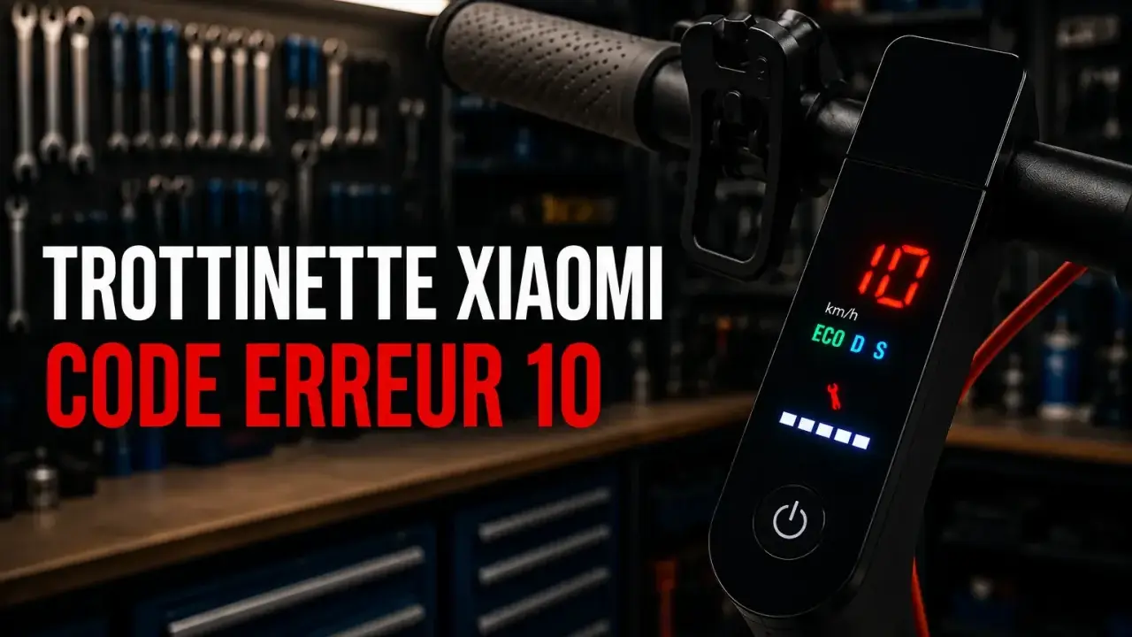 Trottinette Xiaomi avec code erreur E10 affiché sur l'écran. L'atelier de réparation est visible en arrière-plan.
