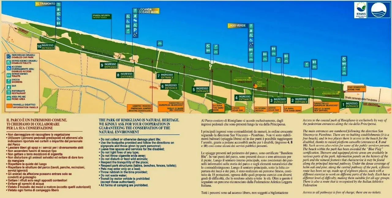Mappa del parco di Rimigliano con ingressi numerati, servizi, sentieri e aree naturali.