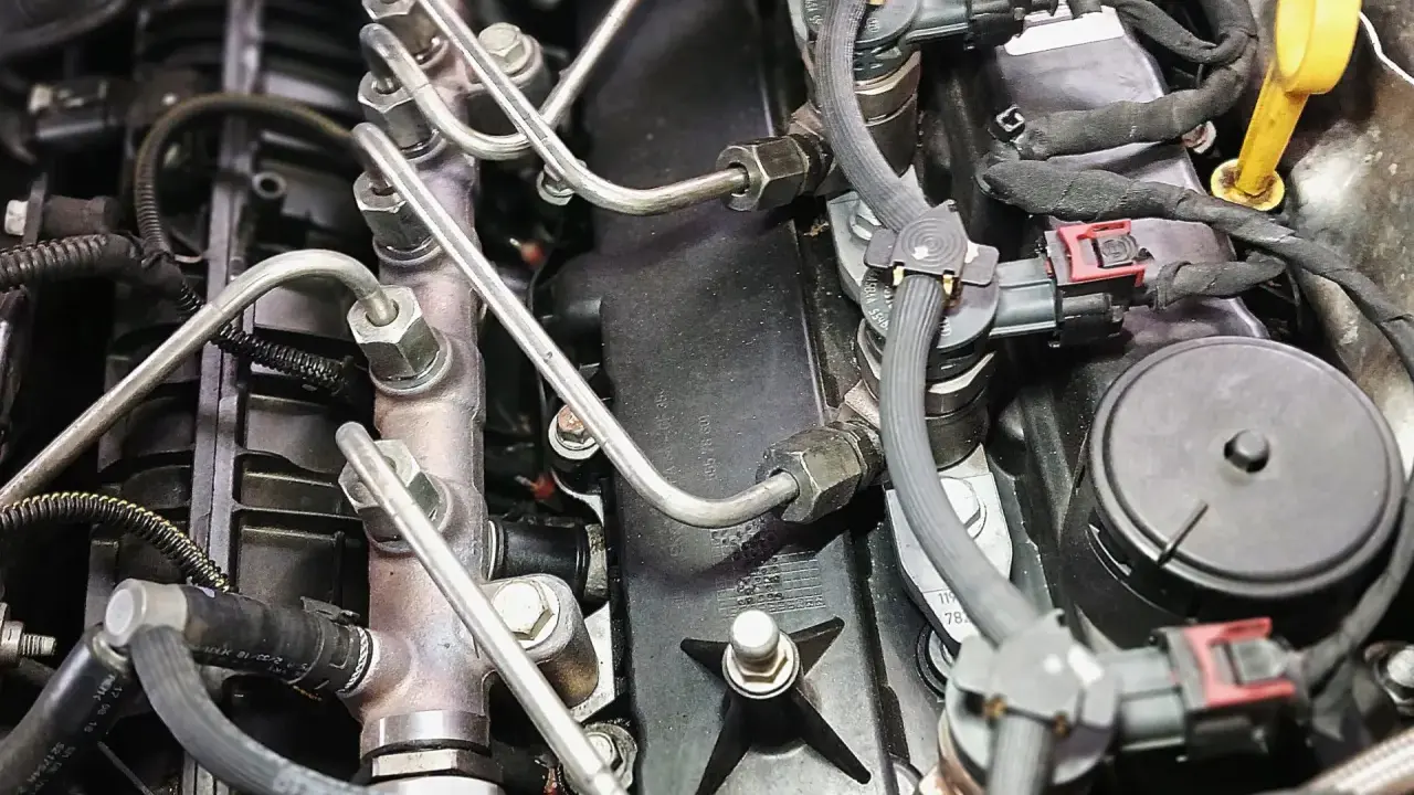 Silnik diesla z widocznymi przewodami paliwowymi i wtryskiwaczami. Podpowiadamy, jak odpowietrzyć filtr paliwa diesel.