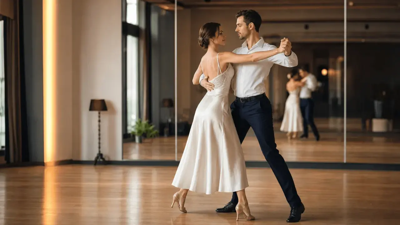 Para, tańcząc w eleganckim stroju, tworzy z partnerem piękną choreografię.