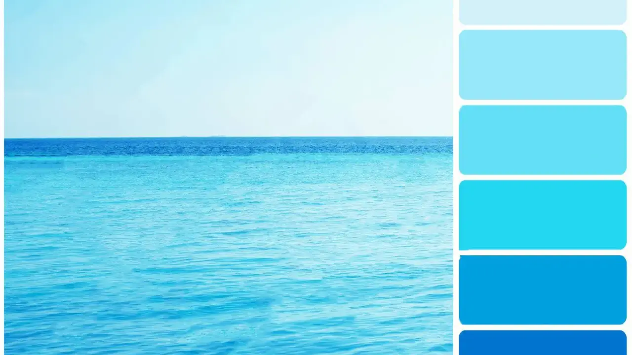 Palette de couleurs marines, explorant chaque nuance de bleu, de l'azur clair à l'indigo profond.