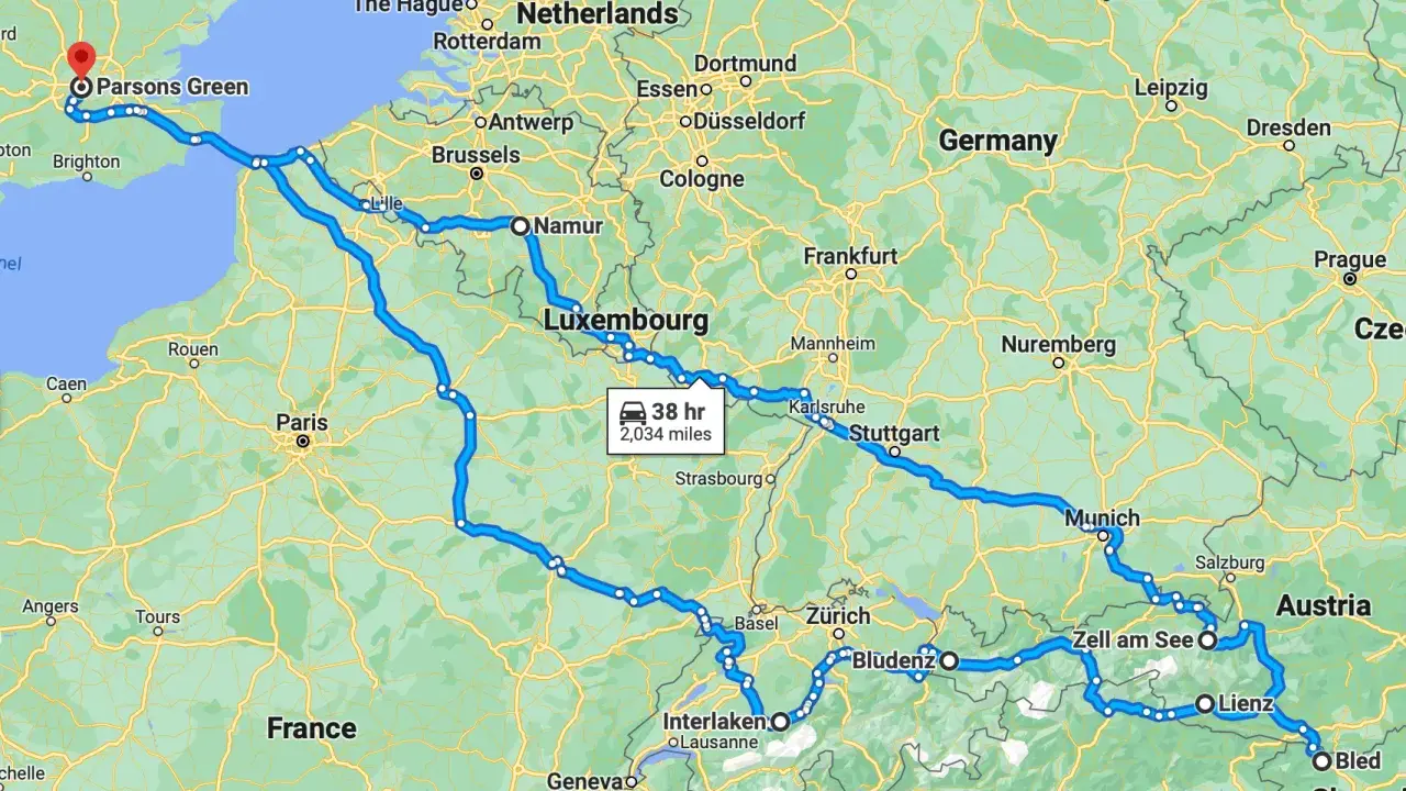 Trasa plan podróży samochodem po Europie: z Londynu przez Francję, Luksemburg, Niemcy, Austrię do Słowenii.