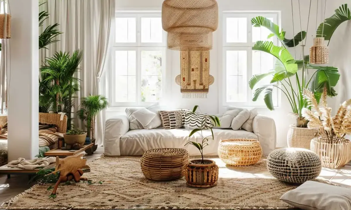 Un salon boheme nature, avec un canapé blanc, beaucoup de plantes vertes, des paniers en rotin et une suspension en osier.