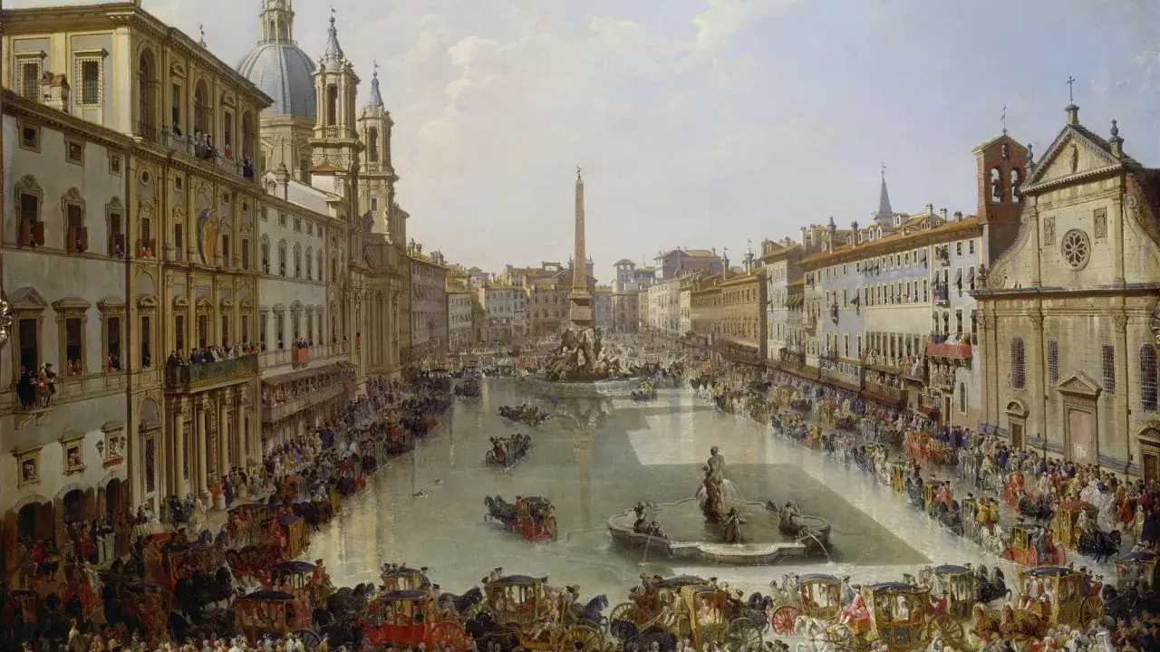 Una vivace scena di **Piazza Navona** a Roma, con carrozze, folla e la Fontana dei Quattro Fiumi.