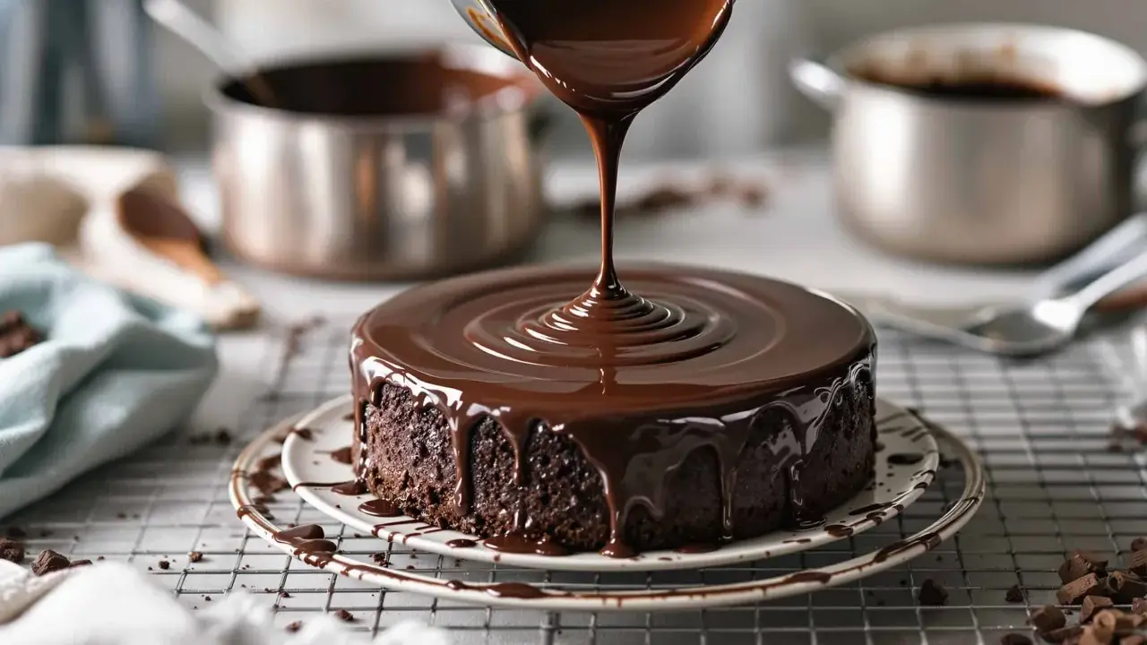 Un gâteau au chocolat moelleux reçoit le meilleur glaçage au chocolat, coulant sur les côtés.