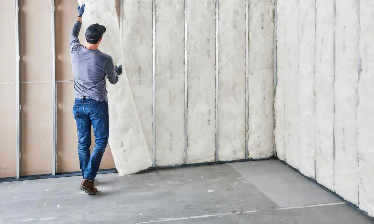 Hombre instala aislamiento en pared ya construida. Proceso de como aislar una pared.