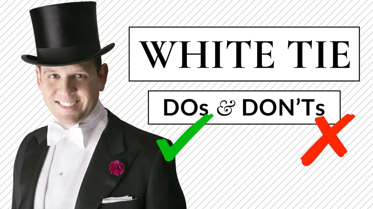 Man in a tuxedo and top hat, with a white bow tie, demonstrating how to wear a white tie with "Dos & Don'ts" text.