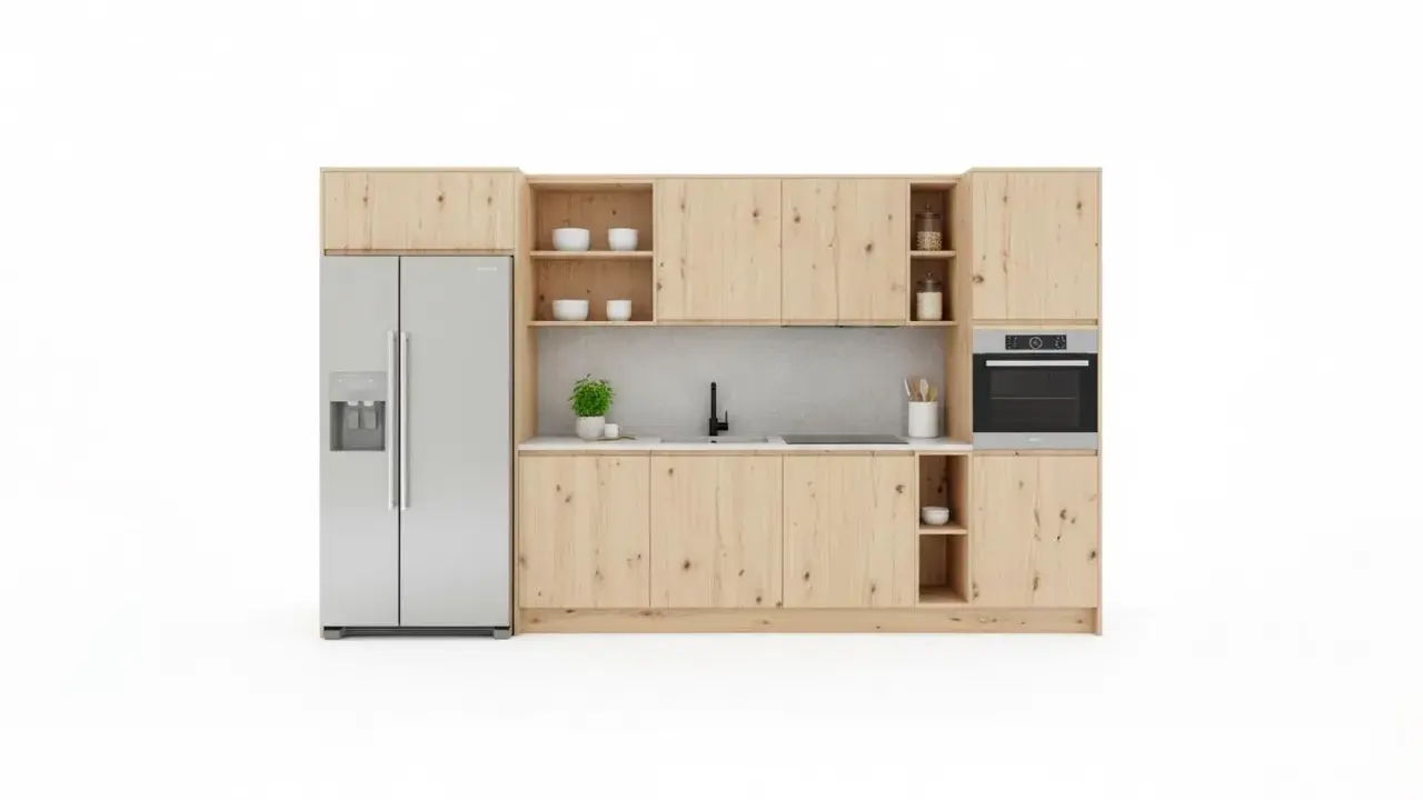 Cuisine 8m2 moderne avec réfrigérateur argenté, placards en bois clair, évier noir et four intégré.