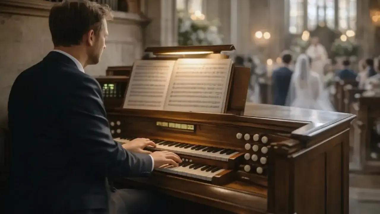 Mężczyzna gra na organach w kościele podczas ślubu. W tle para młoda i goście. Ile bierze organista za ślub?