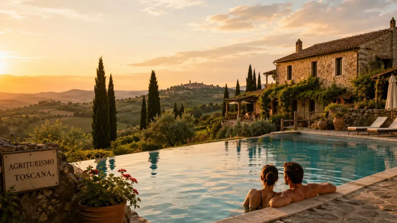 Coppia rilassata in piscina al tramonto, con vista su colline toscane e un agriturismo. Un sogno di agriturismi con piscina.