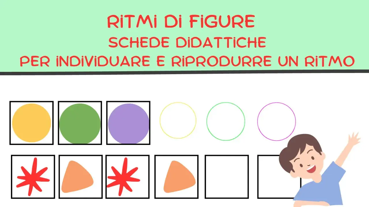Schede didattiche per scuola infanzia: ritmi e sequenze con figure colorate e vuote. Obiettivi: individuare e riprodurre un ritmo.