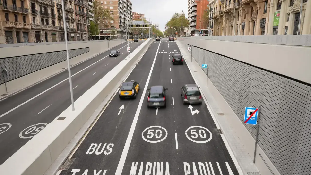 Carril Vao Barcelona: tráfico en túnel urbano con señalización para autobuses y taxis, y límites de velocidad de 50 km/h.