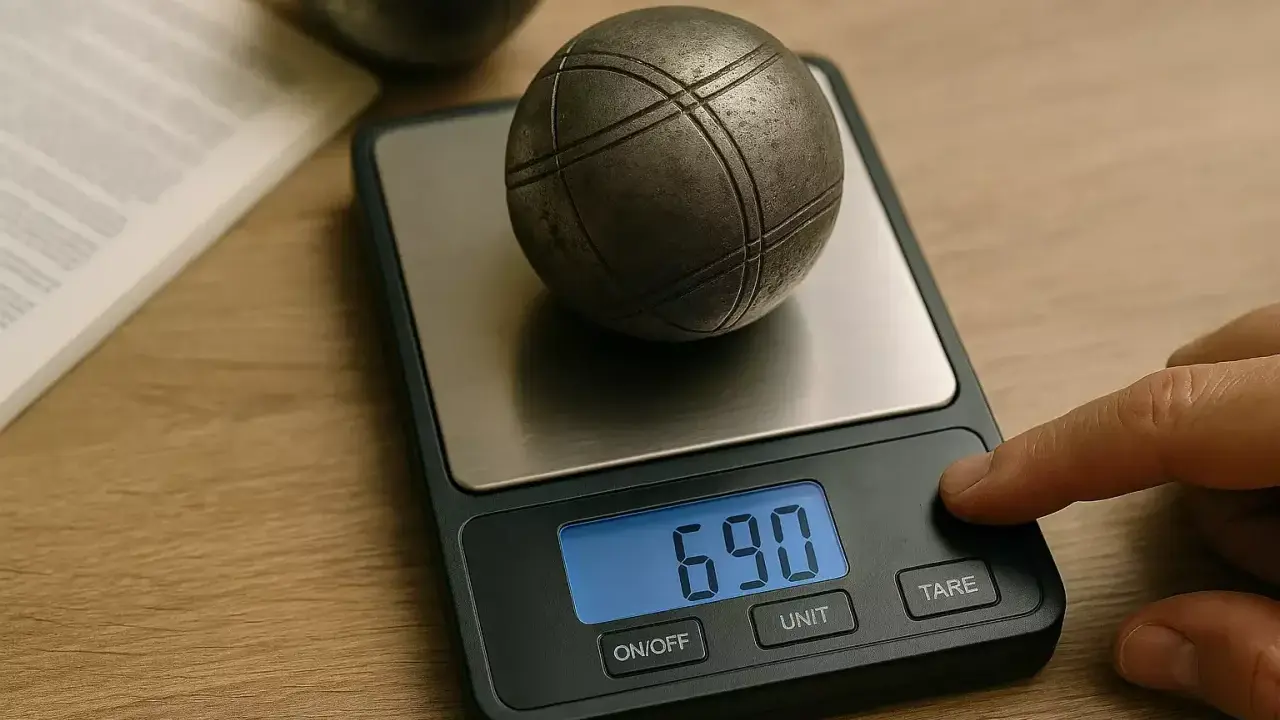 Une boule de pétanque sur une balance numérique affiche 690. Le poids de la boule est mesuré.
