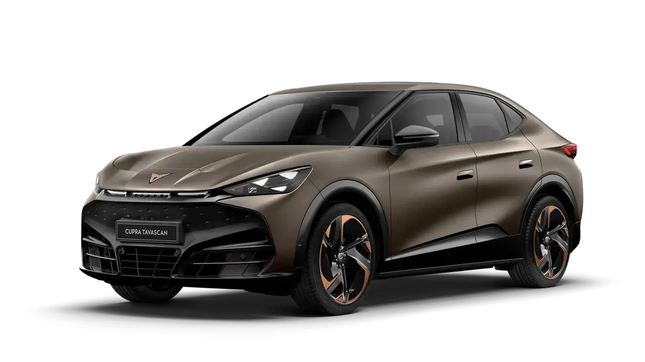 Brązowy Cupra Tavascan z miedzianymi akcentami na felgach i karoserii. Nowoczesny design SUV-a coupe.