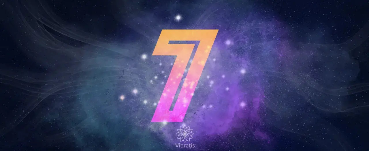 Le chiffre 7 signification dans un ciel étoilé cosmique, avec des nébuleuses violettes et des étoiles scintillantes.