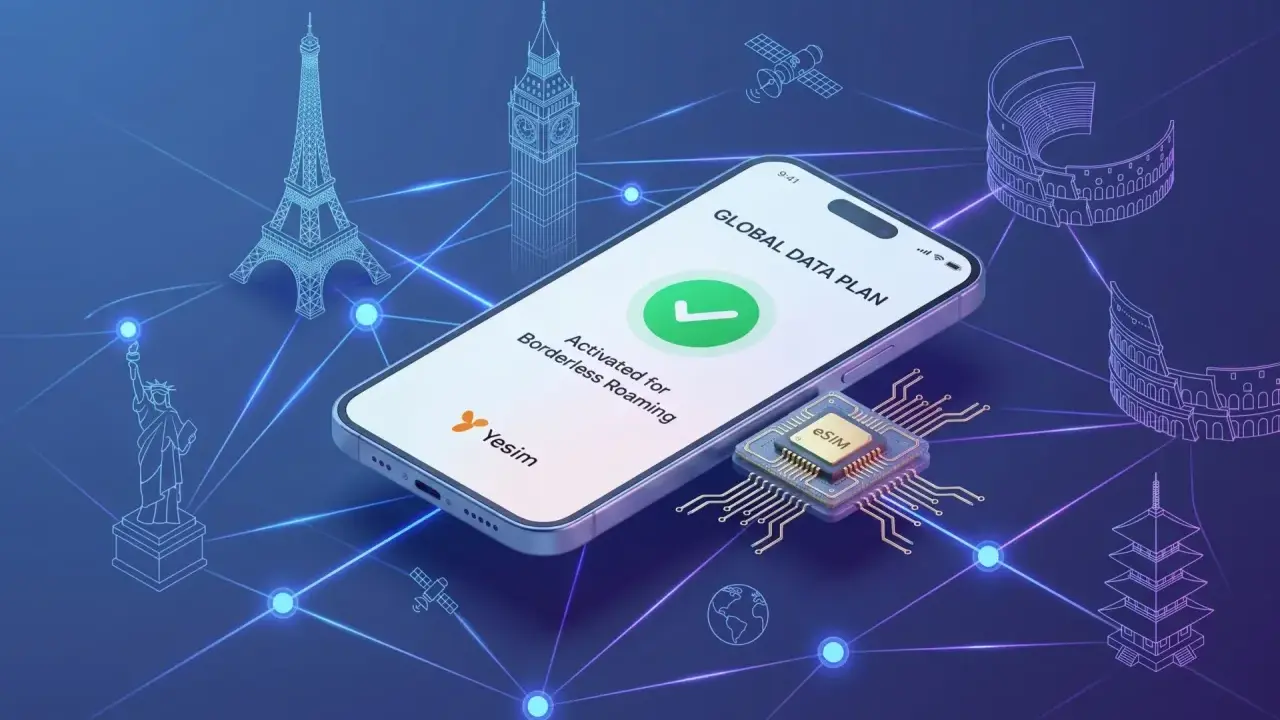 Telefon z esim umożliwia globalny roaming. Na ekranie widnieje potwierdzenie aktywacji planu danych.