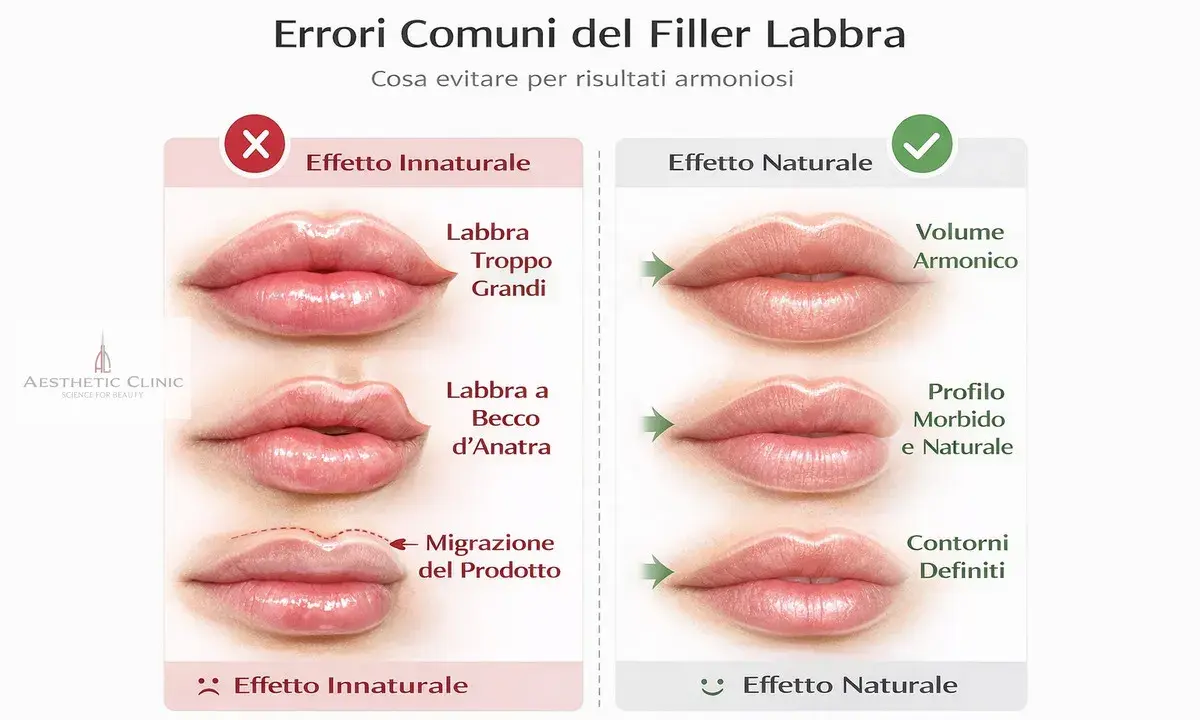 Confronto tra filler labbra tecniche: effetti innaturali (labbra troppo grandi, a becco d'anatra, migrazione) e naturali (volume armonico, profilo morbido, contorni definiti).