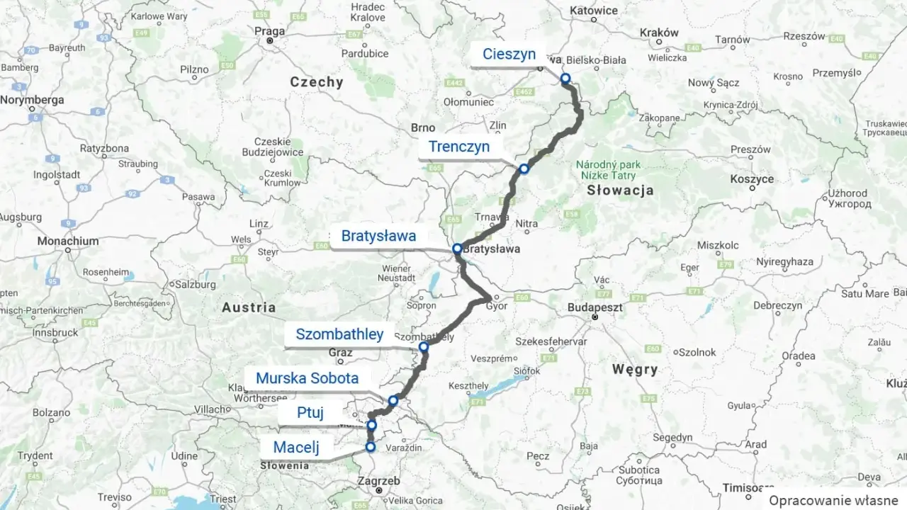 Trasa Polska-Chorwacja samochodem przez Czechy, Słowację i Węgry, z zaznaczonymi miastami Cieszyn, Trenczyn, Bratysława, Szombathely, Murska Sobota, Ptuj i Macelj.