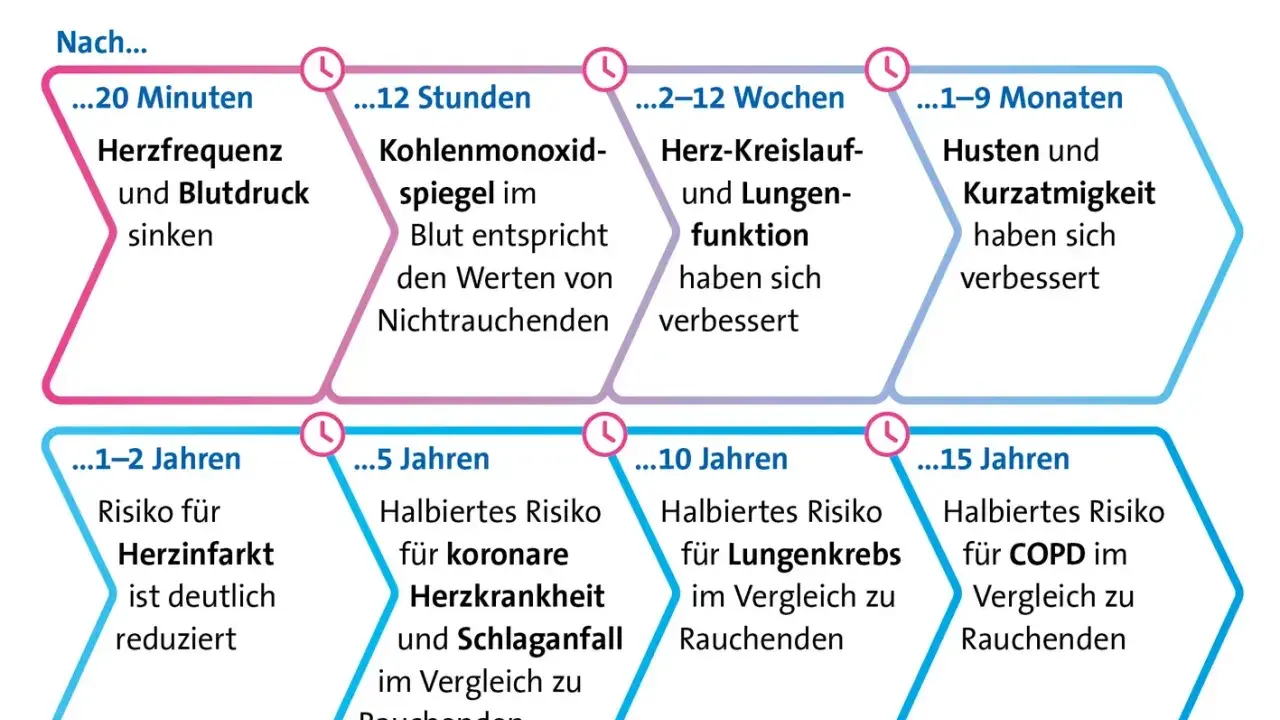 Zeitstrahl zeigt gesundheitliche Verbesserungen nach Rauchstopp. Ähnlich wie Zyban-Erfahrungsberichte, sinken Herzfrequenz & Blutdruck nach 20 Min.