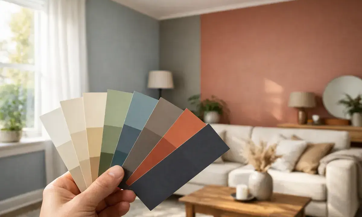 En hand håller upp en färgpalett med nyanser av beige, grönt, blått och terrakotta. En inbjudande inredning med soffa och bord syns i bakgrunden.