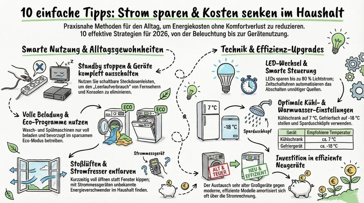 Tipps zum Stromsparen: Standby stoppen, Eco-Programme nutzen, LEDs einsetzen, Geräte optimieren. So senken Sie Ihren Stromverbrauch durchschnitt.
