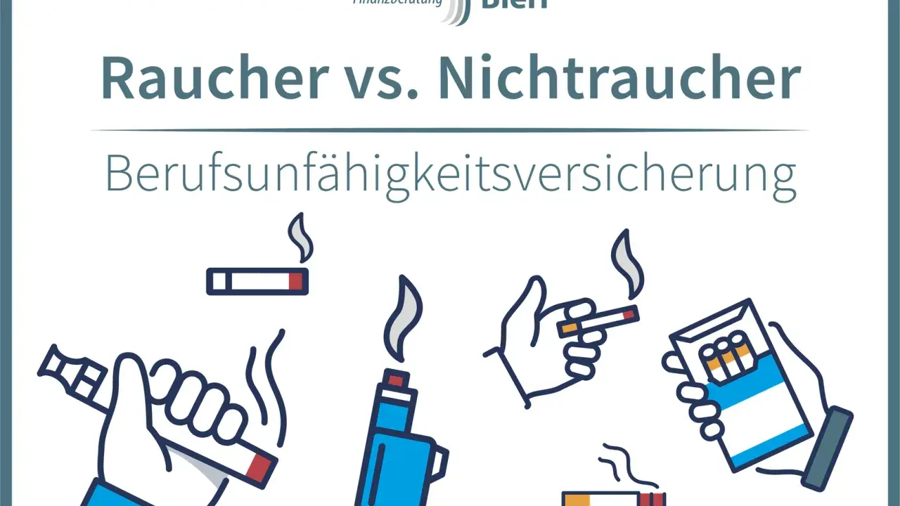 Raucher vs. Nichtraucher: Berufsunfähigkeitsversicherung. Illustrationen von Zigaretten, E-Zigaretten und Feuerzeugen.