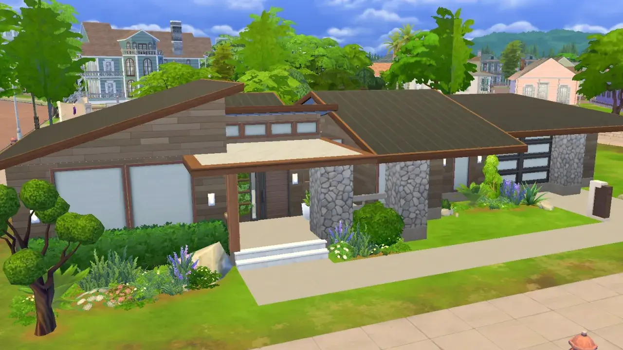 Nowoczesny dom z kamienia i drewna, idealny do pobrania w The Sims 4.