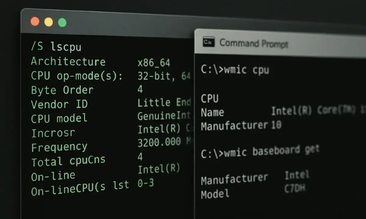 Jak sprawdzić ilość rdzeni procesora? Na ekranie widać terminal z komendami `lscpu` i `wmic cpu`, które pokazują szczegóły procesora, w tym liczbę rdzeni.