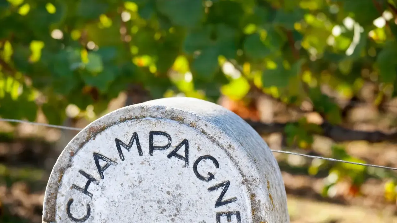Ein Stein markiert das Gebiet, woher Champagner kommt. Weinreben im Hintergrund.
