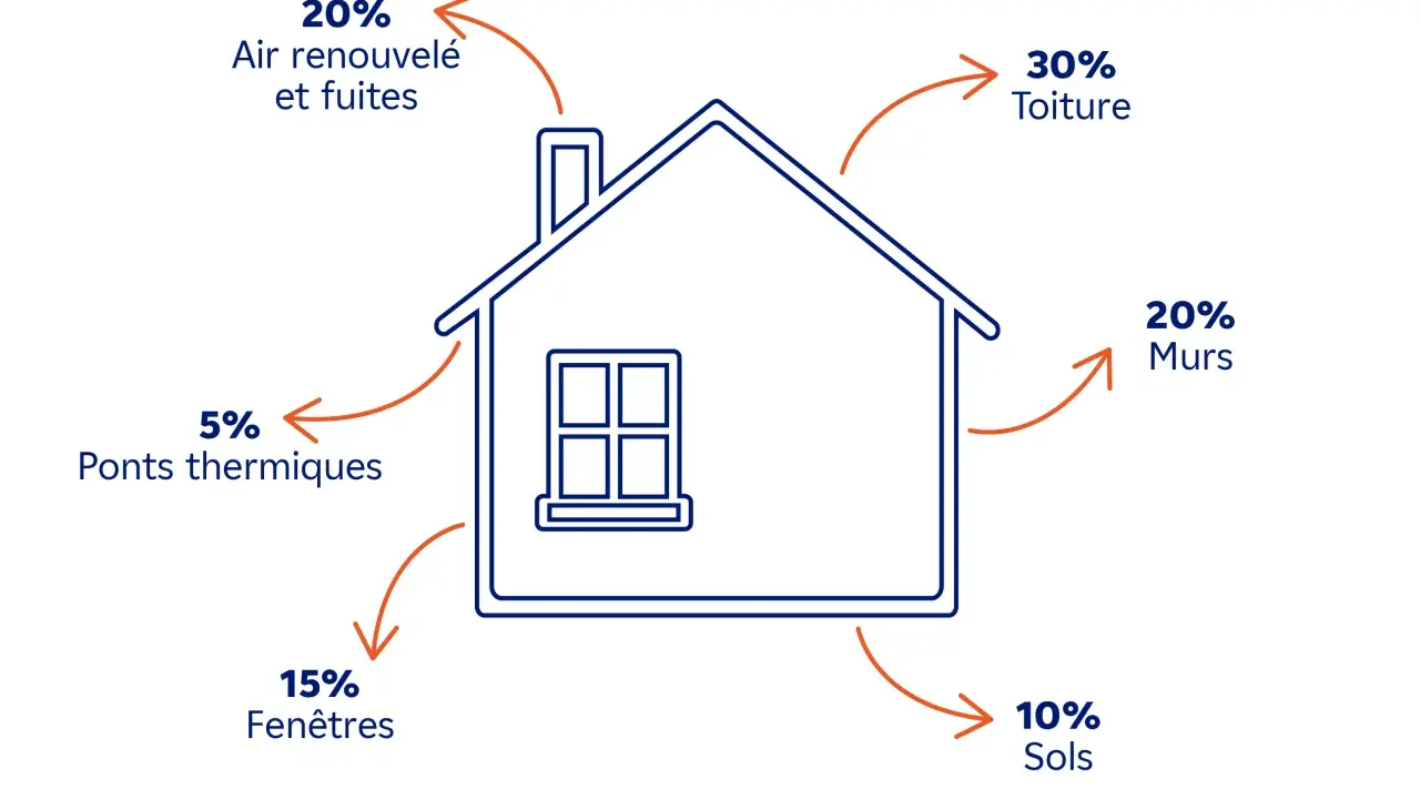 Schéma illustrant les pertes de chaleur d'une maison : 30% par la toiture, 20% par les murs, 20% par l'air renouvelé et fuites, 15% par les fenêtres, 10% par les sols et 5% par les ponts thermiques. Ces données aident à comprendre l'énergie de l'habitat.