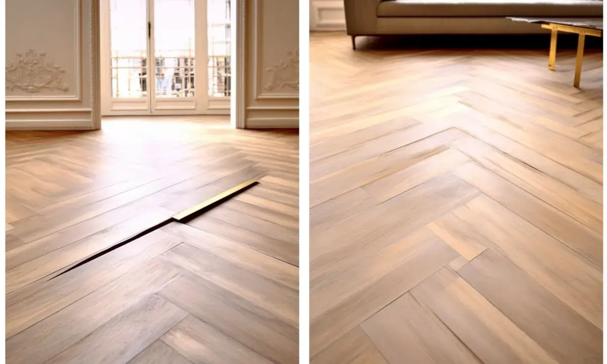 Parquet en chevrons gondolé, avec une lame dorée insérée dans une fissure.
