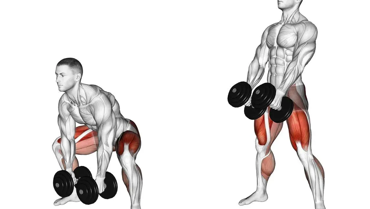 Homme faisant un soulevé de terre roumain avec haltères, ciblant le muscler interieur cuisse.