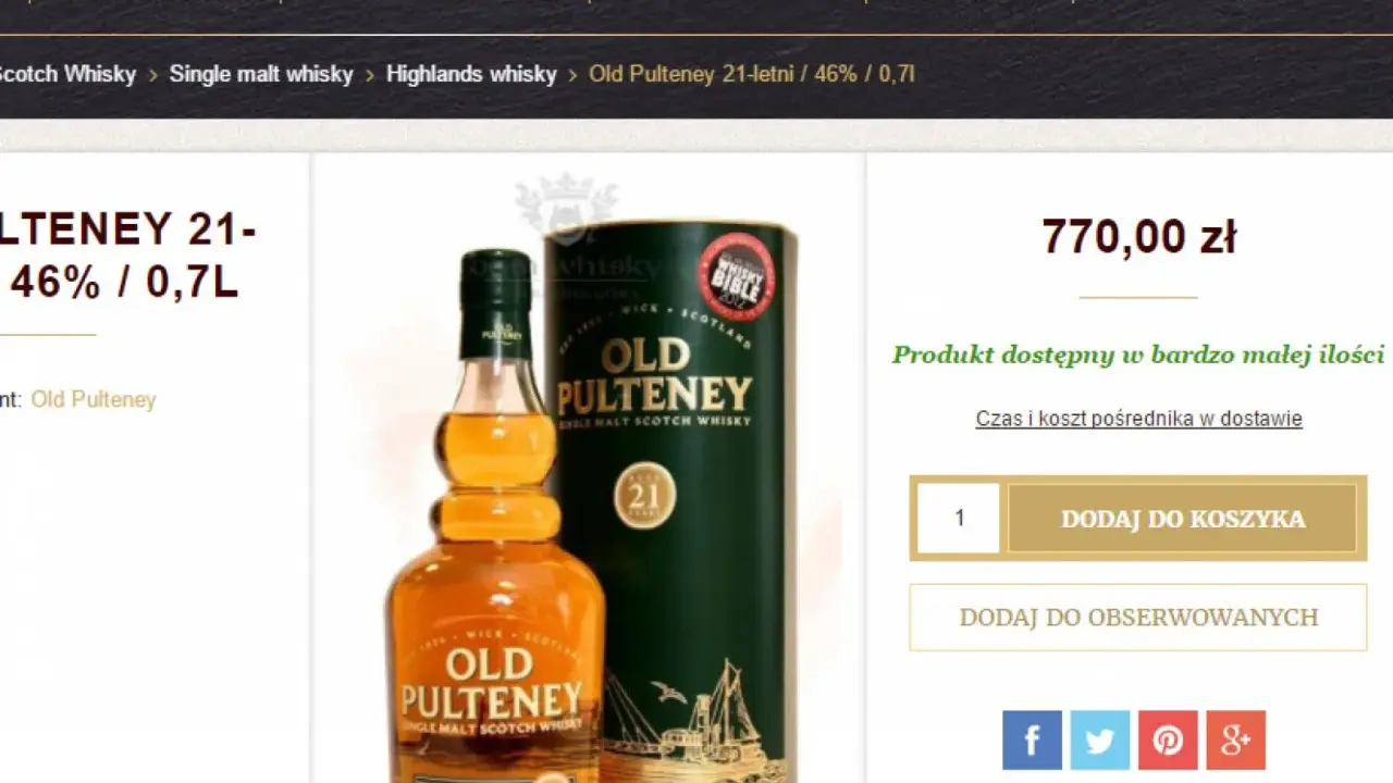 Butelka i tubka whisky Old Pulteney 21-letniej.