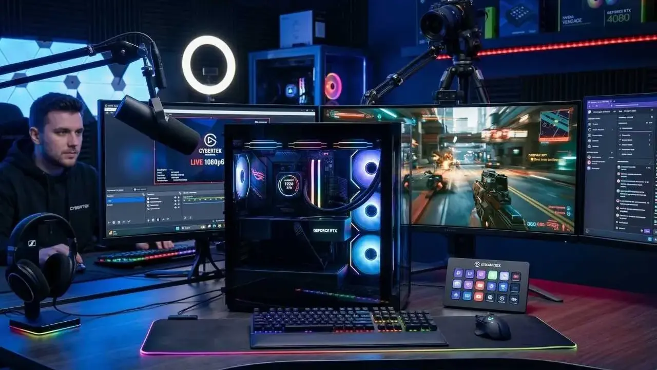 Un setup de streaming avec PC gamer puissant, plusieurs écrans, micro, caméra et Stream Deck. La configuration minimum PC streaming est prête pour l'action.
