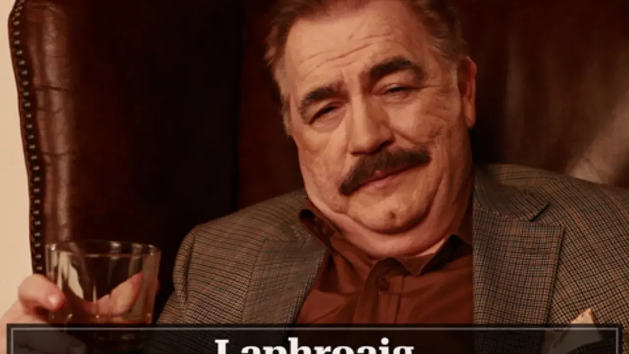 Mann mit Schnurrbart hält Glas Whisky. Die Laphroaig Aussprache ist wichtig für Kenner.