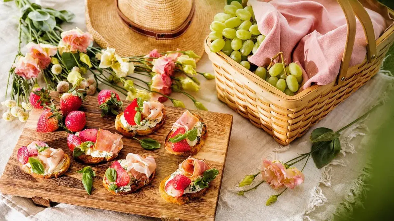En härlig picknick med jordgubbsbruschetta, vindruvor i korg och blommor på en **picnic mat**.