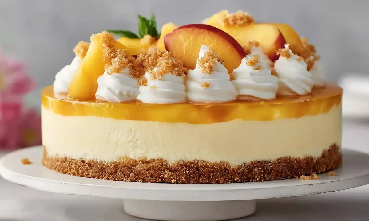 Eine köstliche Solero Torte mit Pfirsichspalten, Sahnetuffs und Streuseln auf einem Keksboden.