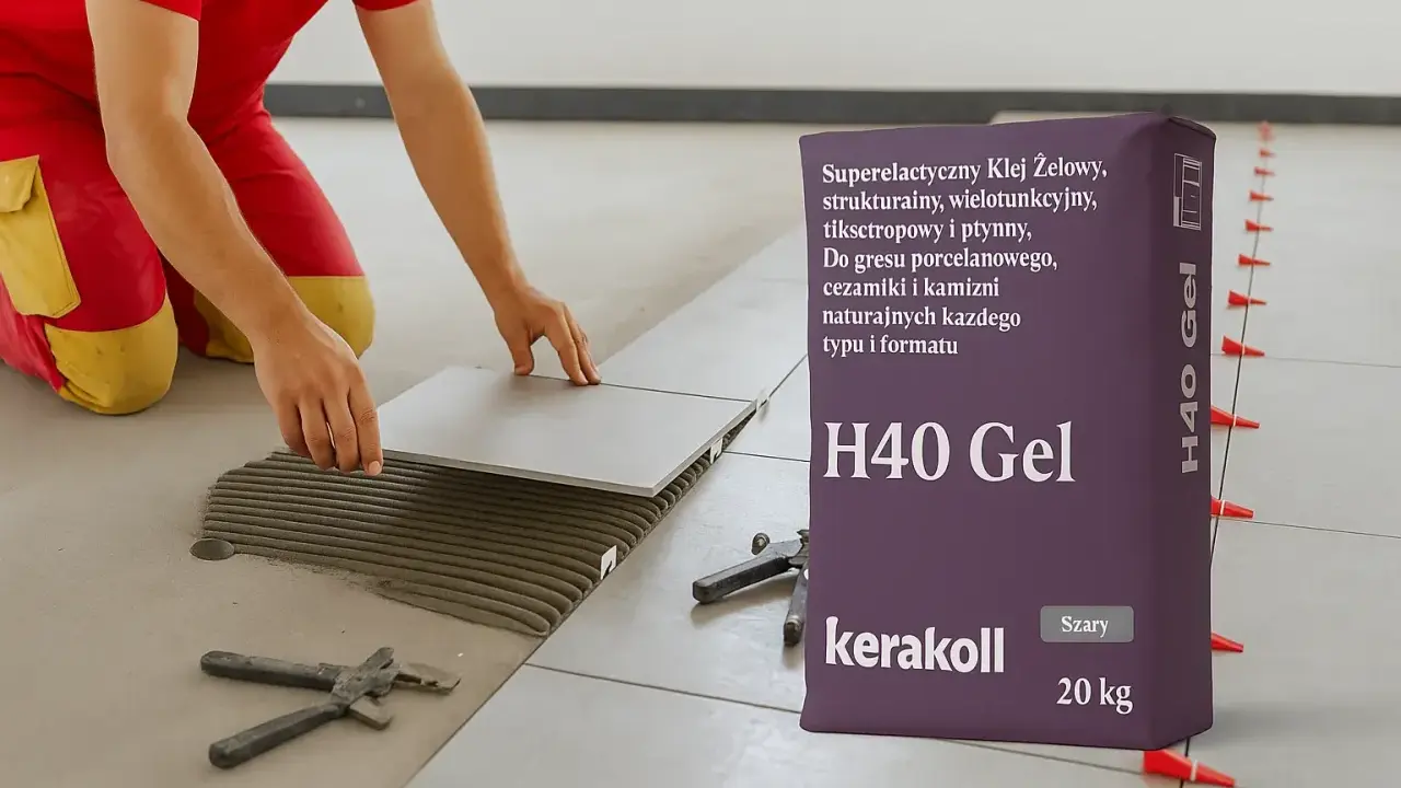 Układanie płytek na zewnątrz? Sprawdź, jaki klej do płytek na zewnątrz wybrać. Na zdjęciu worek z klejem H40 Gel Kerakoll.