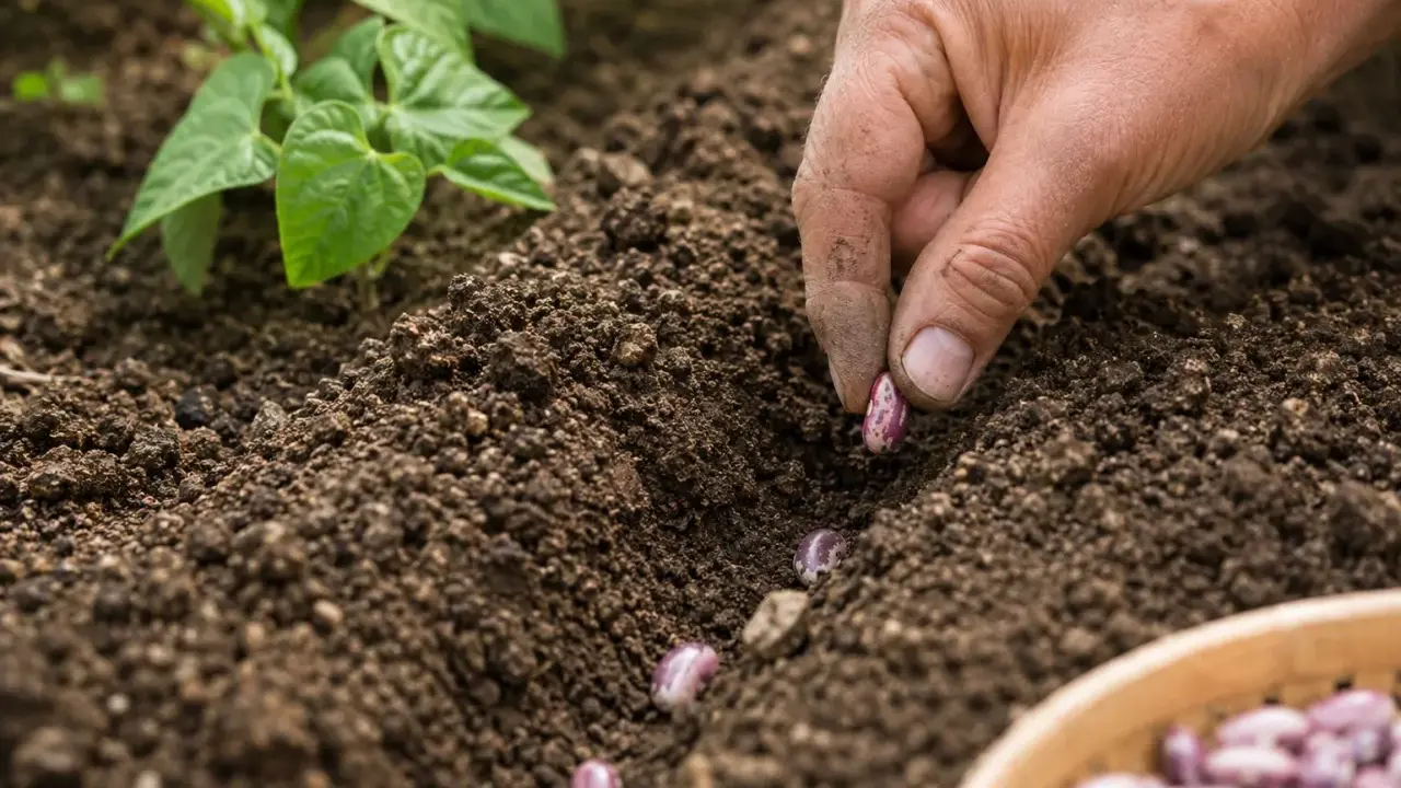 Main d'un jardinier qui sème des haricots verts dans la terre. Les graines violettes et blanches sont déposées dans un sillon.