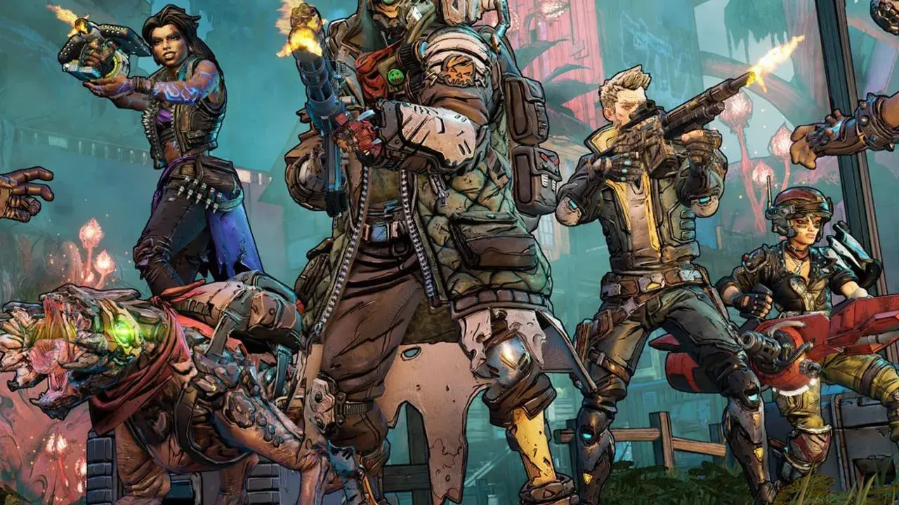 Postacie z gry looter shooter, w tym mężczyzna z robotycznym okiem, kobieta z fioletowymi włosami i pies-potwór, gotowi do walki.