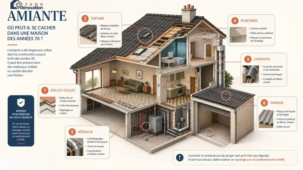 Illustration d'une maison des années 70 coupée en deux, montrant où l'amiante peut se cacher : toiture, sols, conduits, plafonds, réseaux et garage. Repérage amiante avant travaux.