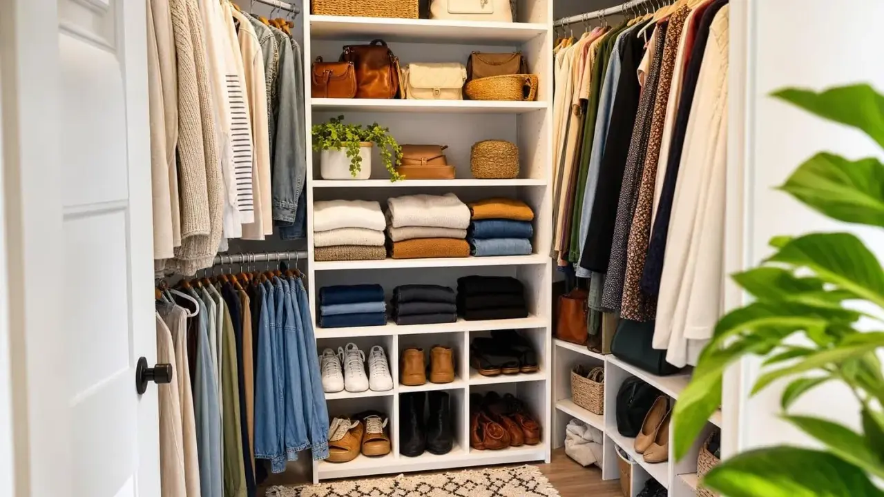 Un dressing bien organisé pour construire un meuble de rangement parfait. Vêtements, sacs et chaussures rangés sur des étagères.